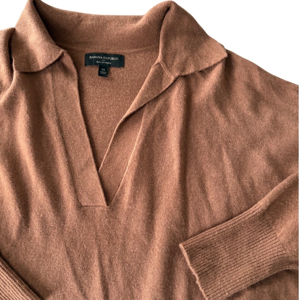 Banana Republic Cashmere Polo Sweater XL Camel Brown Johnny Collar Crop Knit Wms - Picture 2 of 5